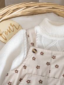 1pc Baby Girl Apricot Corduroy Ditsy Floral Overalls, Adjustable Straps, Pockets, Vintage Style Romper - Beige - View 4