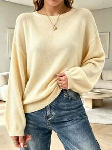 Plus Size Women Solid Color Round Neck Drop Shoulder Knit Sweater Autumn Winter Slouchy Loose Plus Size Long Sleeve Soft Pullover - Yellow - View 6