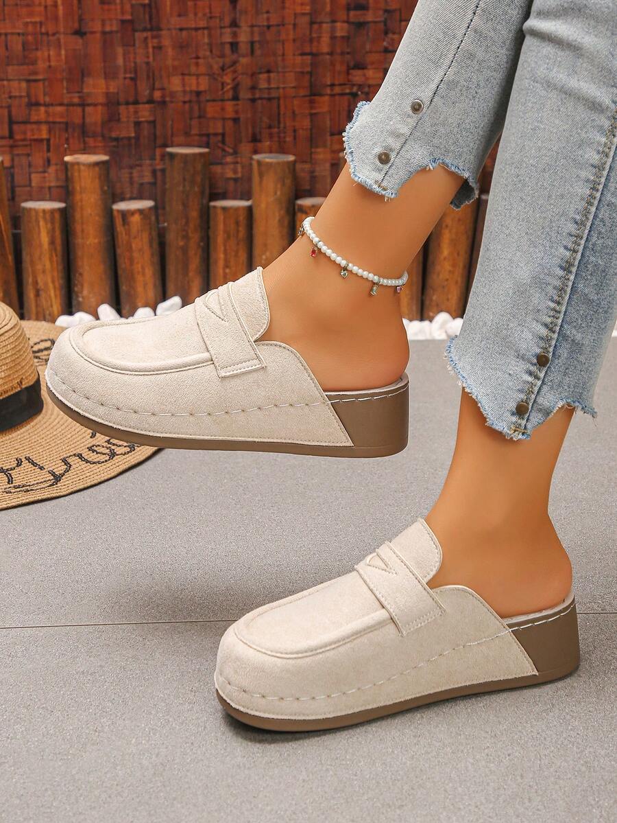 Women's Thick Sole Platform Wedge Mule Slippers, Solid Color Round Toe Casual Slip-On Shoes For Spring And Autumn Daily Wear, Beige Half-Back Slippers - Beige - View 1