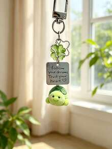 Green Four-Leaf Clover Turtle Flocking Keychain,Cute Turtle Keychain,Lucky Sea Turtle Ornament,Vacation Style,Bag Pendant Gift For Women,Girls,Friends - Multicolor - View 1