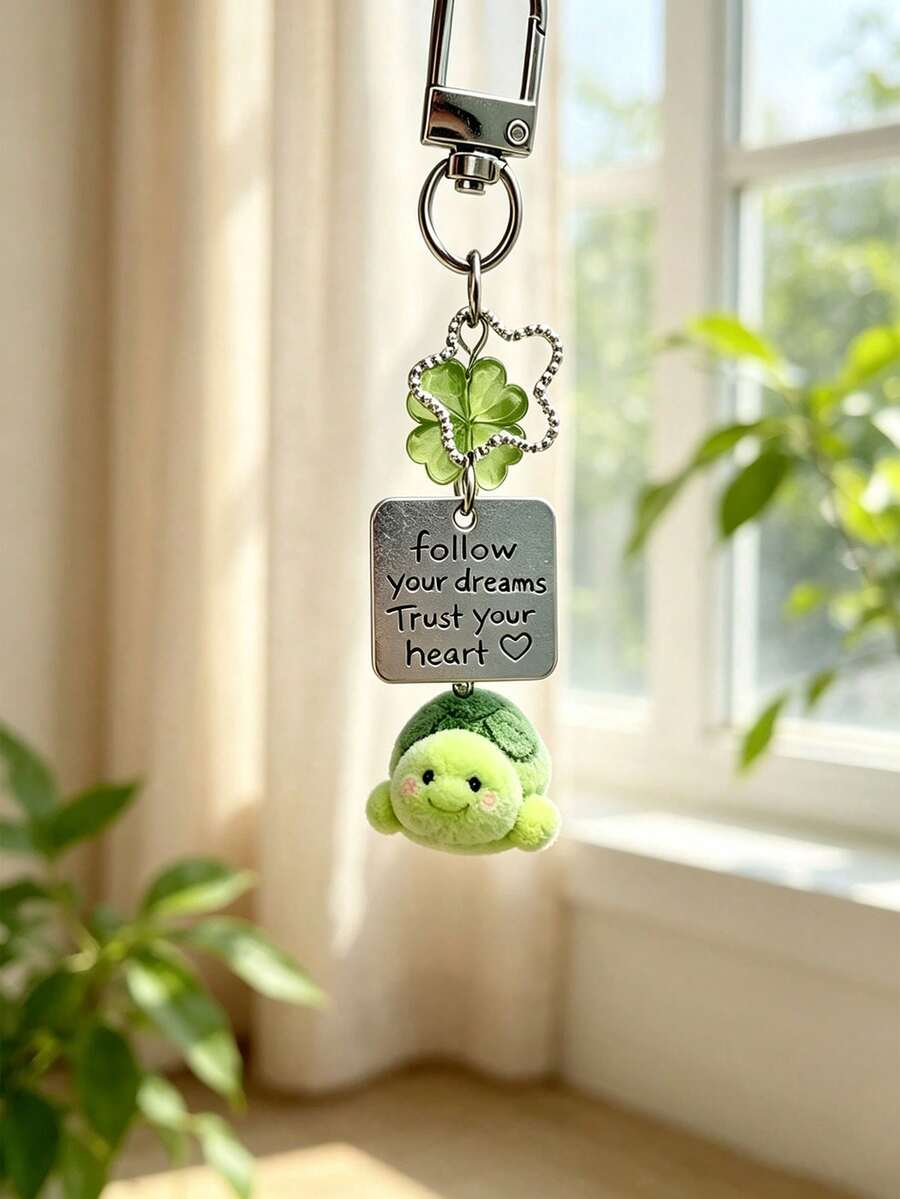Green Four-Leaf Clover Turtle Flocking Keychain,Cute Turtle Keychain,Lucky Sea Turtle Ornament,Vacation Style,Bag Pendant Gift For Women,Girls,Friends - Multicolor - View 1
