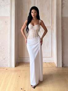 1pc Solid Color Elegant Knit Fabric Sleeveless Dress For Wedding Summer - White - View 1