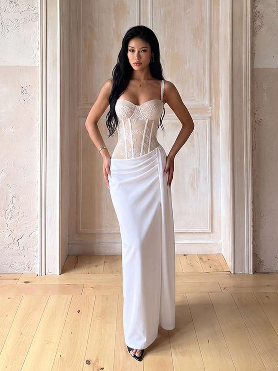 1pc Solid Color Elegant Knit Fabric Sleeveless Dress For Wedding Summer - White - View 1