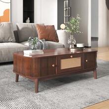 Coffee Table - Rattan Coffee Table, Drawers With Rattan And Sliding Doors With Solid Wood Slats, Solid Wood Legs, Natural Country Style. - Natural + MDF - View 5
