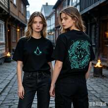 Black Double-Sided Print T Shirt,There Is An Assassin Symbol On The Chest,The Back Is Printed With A Nordic Wolf,Crow,Snake,Rune,Horse Pattern,Viking- - Black - View 1