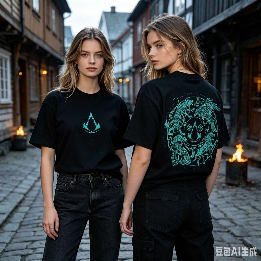 Black Double-Sided Print T Shirt,There Is An Assassin Symbol On The Chest,The Back Is Printed With A Nordic Wolf,Crow,Snake,Rune,Horse Pattern,Viking- - Black - View 1