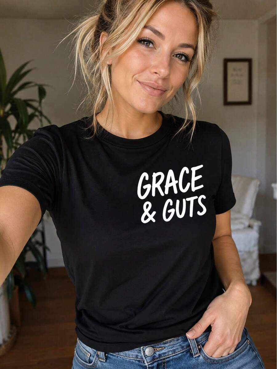 Grace And Guts Women' Empowering Slogan T-Shirt - Minimalist Black Crew Neck Short Sleeve Top With Grace & Guts Letter Print, Relaxed Fit Casual Casua - Black - View 1