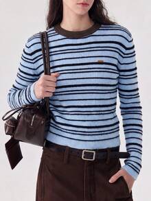 Women's New Autumn/Winter American Vintage Style Striped Crew Neck Pullover Knit Sweater - Blue - View 1