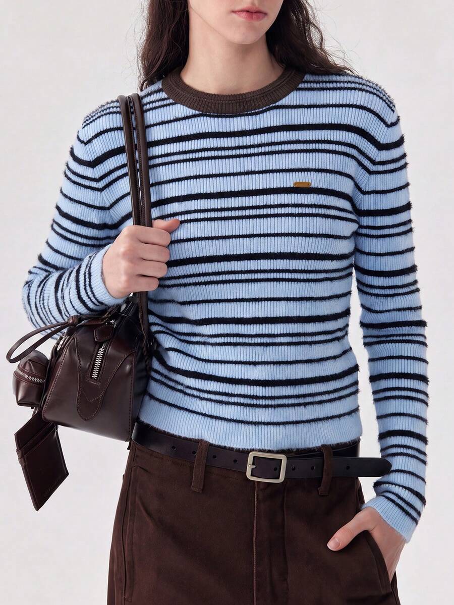 Women's New Autumn/Winter American Vintage Style Striped Crew Neck Pullover Knit Sweater - Blue - View 1