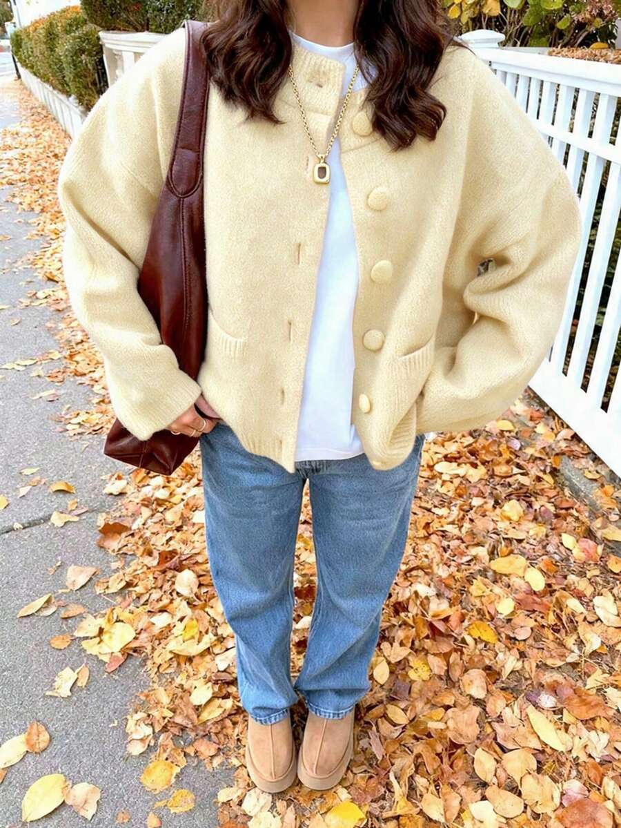 秋冬新款女款極簡優雅性感森女風學院風落肩長袖開襟羊毛衫