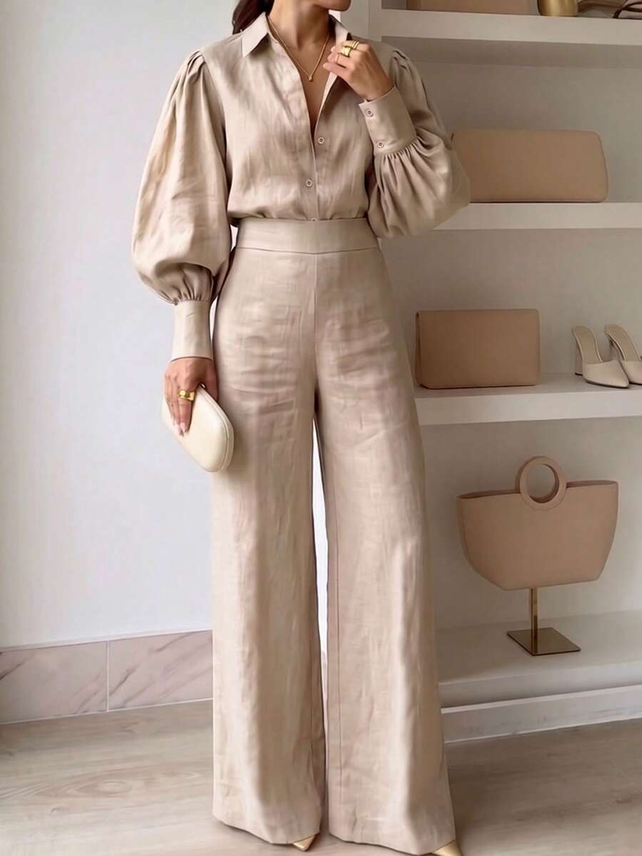 Women's Spring/Autumn Elegant Lantern Sleeve Solid Color Turn-Down Collar Blouse + High Waist Wide Leg Long Pants 2 Pieces Set - Apricot - View 1