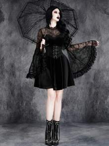 Women's Gothic Sexy Dark Vintage Halloween Witch Cosplay Lace Patchwork Velvet Elastic Dress - Black - View 2