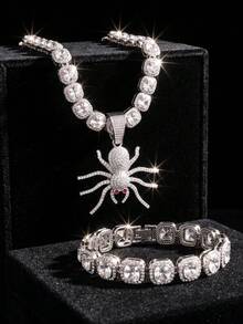 Men Halloween Gothic Bling Red Spider Jewelry , Red Square Rhinestone Necklace & Bracelet Kit For Cosplay Party - Spider Pendant - View 1