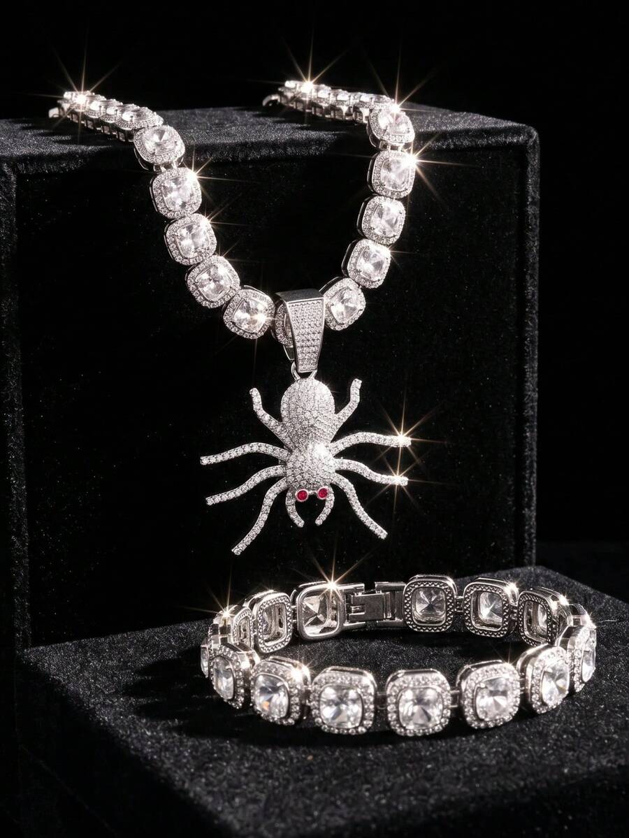 Men Halloween Gothic Bling Red Spider Jewelry , Red Square Rhinestone Necklace & Bracelet Kit For Cosplay Party - Spider Pendant - View 1