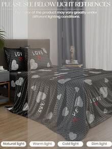 4pcs/Set Black & Silver Heart Polka Dot Bow Pattern Bedding Set, Easy Care Soft Bedding Set, Fitted Sheet Set (1 Flat Sheet + 1 Fitted Sheet + 2 Pillowcases) Fitted Sheet Set King/Queen/Full/Twin Size, Deep Pocket Up To 11.8 Inches - Multicolor - View 7
