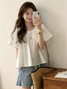 YCYC Women's Summer Solid Color Minimalist Casual Loose Pleated Square Neck Blouse White - White - View 3
