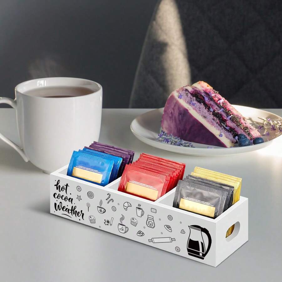 1pc Wooden Coffee & Tea Storage Box With 3 Compartments - Printed Design - Multi-Functional, Non-Waterproof, Rectangular Storage Box No Power Required, For Organizing & Storage. - Multicolor - View 1