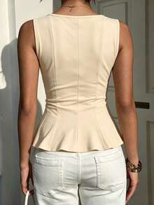 1pc Solid Color Knit Fabric Ruffle Trim Casual Top, Summer - Apricot - View 4