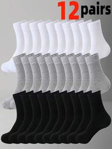12/1 Pair Black White Grey Minimalist Solid Color Men's Mid-Calf Socks, Unisex, Autumn Winter Christmas Gift Socks - Multicolor - View 9