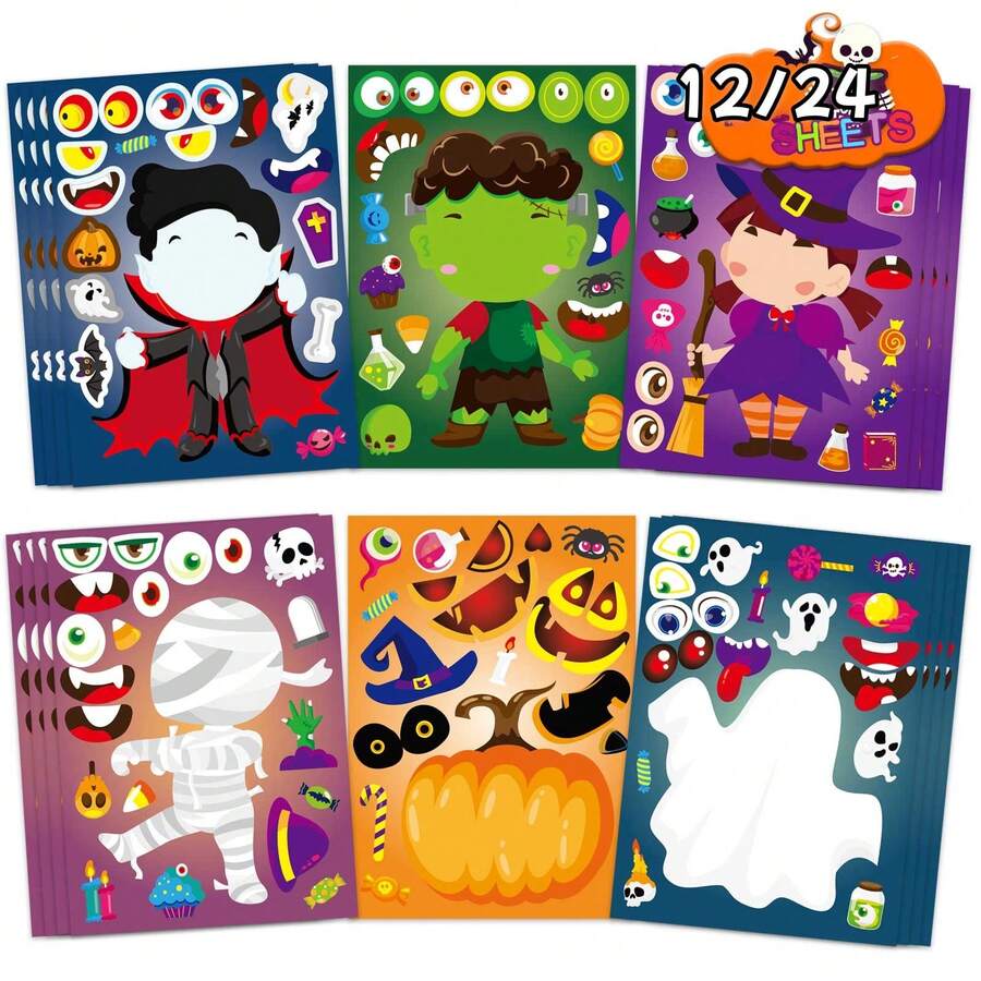 12/24 Halloween DIY Face Sticker Puzzle - Classic Bat, Ghost, Pumpkin And Vampire Character Designs, Interactive Puzzle Toy Promotes Brain Development, Children's Party Gift, Gift Packaging, Classroom Activity, Halloween And Christmas Gift - Mixed Color - View 1