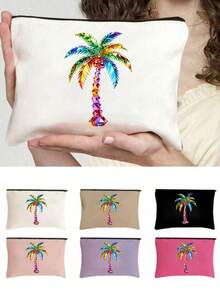 Colorful Rhinestone Palm Tree Print Cosmetic Bag, Zipper Portable Makeup Pouch, Multifunctional Travel Toiletry Organizer Coin Purse, Beach Vacation Accessory Gift For Women - Multicolor - View 2