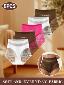 MEIYATING 5pcs Women's Mid-To-High Waist Tummy Control Butt Lifting Mesh Patchwork Lightweight Comfortable Fashion Print Daily Panties - Multicolor - View 5