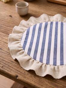 1/2/4/6/12pcs Blue & White Striped Round Placemats, Fresh Natural Style, Fabric Material, Beige Ruffle Edge Detail, Stain-Resistant Tabletop Protection And Decorative Function, Suitable For Daily Tea & Natural Home Decor - Blue - View 8