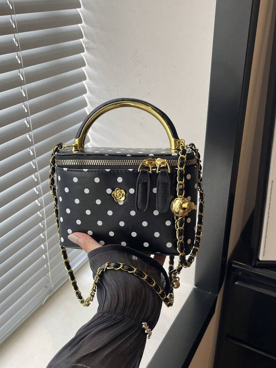 Women's Polka Dot PU Square Box Handbag, Metal Top Handle Chain Crossbody Bag, Vintage Makeup Bag Style Shoulder Bag - Black - View 1