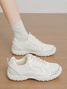 Off-White All-Season Thin Mesh Breathable Retro Patchwork Lace-Up Low-Top Athletic Casual Shoes, Minimalist Spring Summer Autumn Outdoor Jogging Sneakers, Versatile Commuter Shoes For Students - Beige - View 1