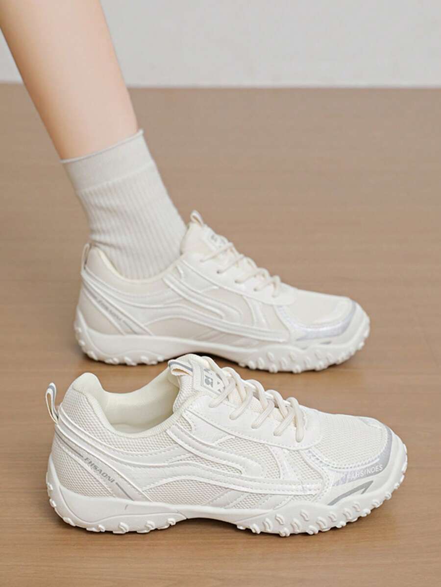 Off-White All-Season Thin Mesh Breathable Retro Patchwork Lace-Up Low-Top Athletic Casual Shoes, Minimalist Spring Summer Autumn Outdoor Jogging Sneakers, Versatile Commuter Shoes For Students - Beige - View 1