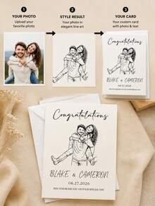 1PC Personalized Custom Wedding Card Couple Line Art Drawing From Photo, Elegant Bride Groom Portrait Illustration Congratulations Greeting With Envelope, Rustic Wedding Day Gift For Newlyweds Engaged Couples Friends Sister - Multicolor - View 4