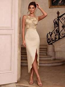 HOMEYEE Hoco Women's Sleeveless Sequin Fitted Long Cocktail Dress With Embroidery, Elegant Bodycon Side Slit Satin Formal Gown - Gold - View 6