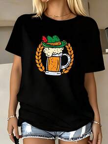 Distressed Graphic Cotton Short Sleeve Tee, Funny Hat Beer Mug Print Crew Neck Top, Casual Get‑Together Summer Oversized T‑Shirt For Women - Black - View 1