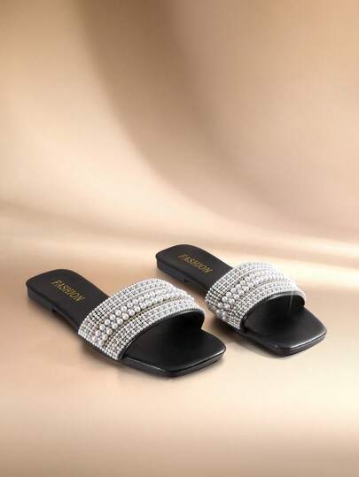 Etoivie New Plus Size Beaded Water Drop Design Flat Slide Sandals, Square Toe, Lightweight & Comfortable Beach Slippers For Women Halloween
