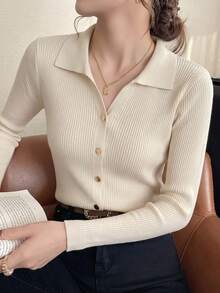Vellofy Women Fall Winter Cream Ribbed Knit Top Polo Collar Long Sleeve Gold Button Slim Fit Cardigan Blouse For Work Dating Party - Light Apricot - View 7