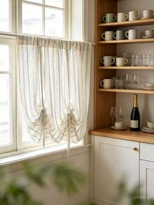 1pc Blue Vertical Striped Japanese Style Sheer Curtain With Tie-Up, Short Partition Curtain For Small Window - 1PC - View 4
