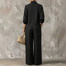 Women's Stand Collar Long Sleeve Jumpsuit, Casual Minimalist Style, Loose Wide Leg Fit, Suitable For Daily Wear And Vacation Travel. Front Button Closure, Side Pocket Design. - Black - View 2