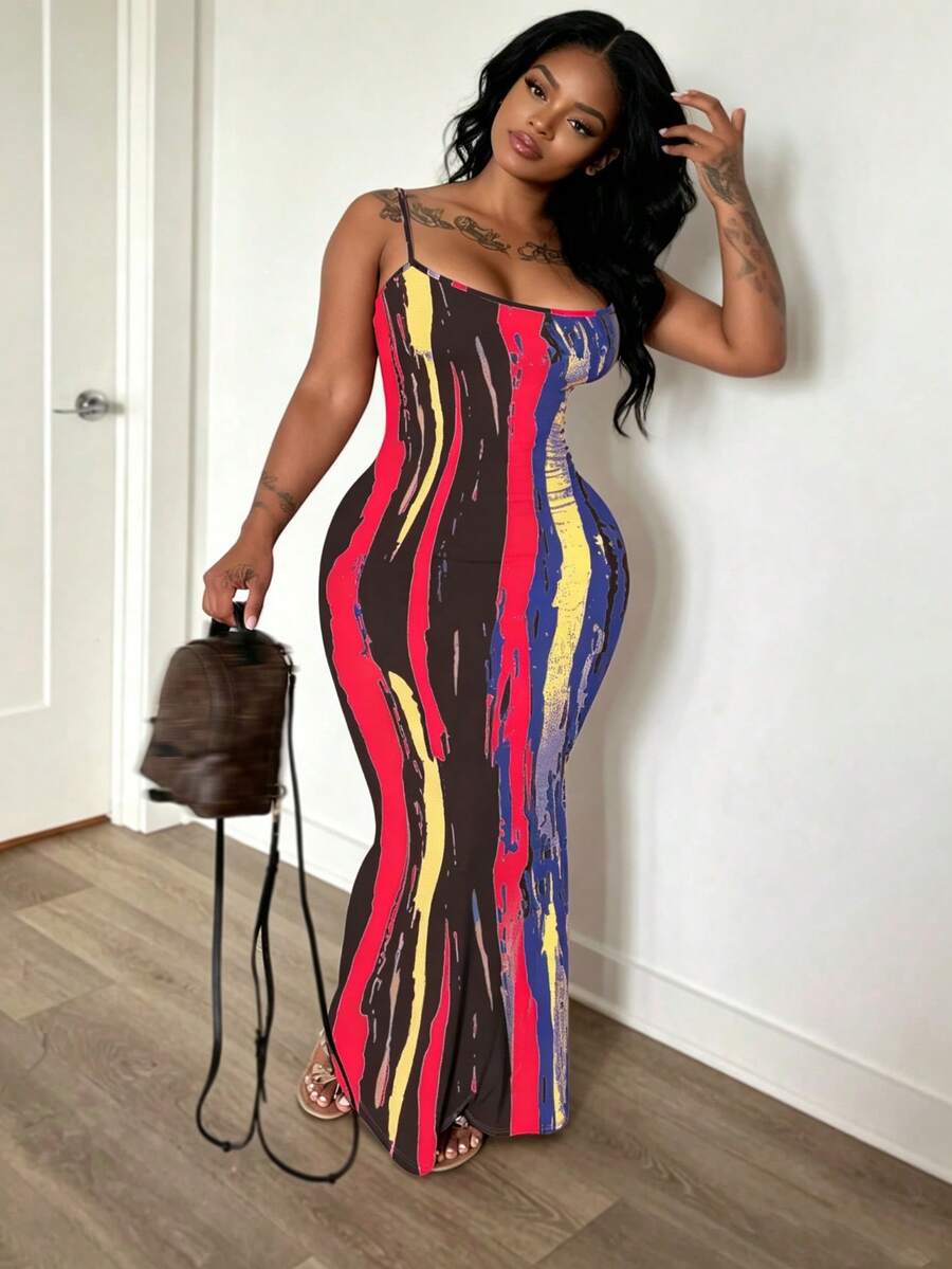 LovelyWholesale Women's Elegant Party Mixed Print Fitted Spaghetti Strap Dress, Summer Long Dress, Women's Summer Vacation Outfit Red - Red - View 1