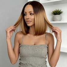 Women's 12-Inch Gradient Brown Middle Part Wig, High-Temperature Synthetic, Fashionable Elegant Versatile Design, Suitable For Daily Wear Or Carnival Events, Soft Hair Texture With Natural Styling, Adjustable Cap Band For Comfortable And Secure Fit - Brown Ombre - View 7