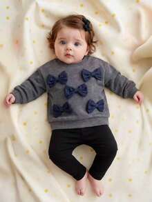 Autumn/Winter Baby Girl Cute Blue Double-Layer Bow Round Neck Versatile Loose Sweatshirt & Black Casual Long Pants Commuter Set - Grey - View 2