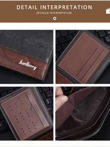 Dompet Pria Pendek PU Baru Baellerry Bisnis Lintas Batas Banyak Slot Terbuka Jepit Uang Kulit Warna Kontras untuk Pemuda - Coklat - View 7