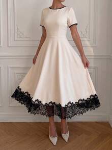 Women's Mid-Length Elegant Lace Trim Boat Neck Contrast Color Short Sleeve Tie Back A-Line Apricot Dress, Suitable For Wedding Guest, Party, Office, Outing - Apricot - View 9