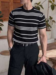 ALTZTAR Men's Nautical Striped Knit Crew Neck Short Sleeve Pullover T-Shirt, Casual Business Slim Fit - Black - View 2