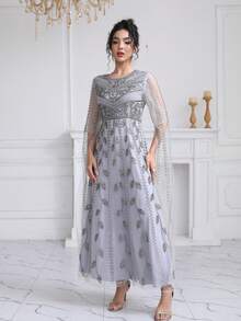 JINLICX Light Grey Silver Beaded Tassel Maxi Dress Round Neck Sheer Fringe Sleeve Luxury Evening Gown For Wedding Banquet - Grey - View 3