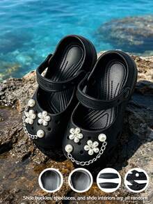 HAHABOBO Girls' Pearl Flower Mary Jane EVA Slippers, Fashionable Chain Decor, Versatile Breathable Summer Outdoor Sandals - Black - View 1