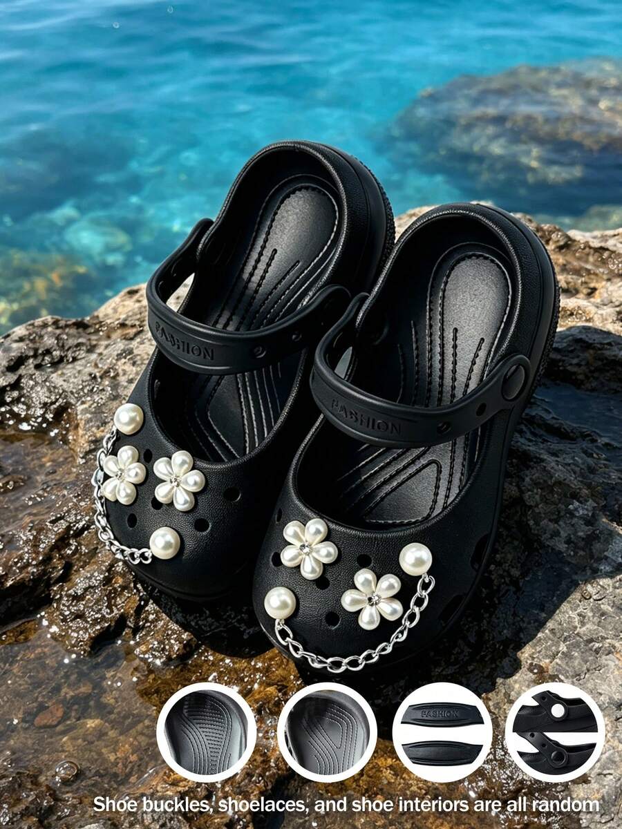 HAHABOBO Girls' Pearl Flower Mary Jane EVA Slippers, Fashionable Chain Decor, Versatile Breathable Summer Outdoor Sandals - Black - View 1