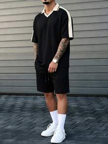 Men's Casual Fashion Loose Fit 2 Pieces Set, Short Sleeve Polo Collar Top And Drawstring Shorts, Vacation Leisure Style, Versatile Minimalist Unique Design - Black - View 10
