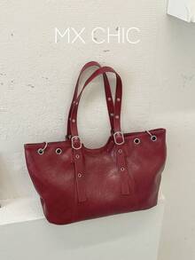 1pc Women's Solid Color PU Shoulder Tote Bag, Large Capacity, European And American Minimalist Style, Suitable For Commuting, Shopping, Gift Giving - Burgundy - View 7