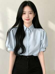 Summer Casual Solid Color Loose Puff Sleeve Shirt - Blue - View 5