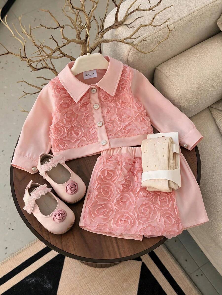 2pcs Baby Girl Princess Style 3D Rose Lapel Short Jacket & Matching Patchwork Skort Set, Spring/Autumn Lightweight - Baby Pink - View 1